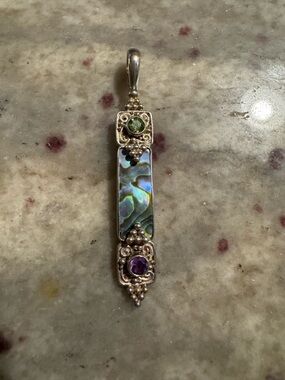 Sajen Sterling Abalone Bar Pendant with Green Peridot and Purple Amethyst